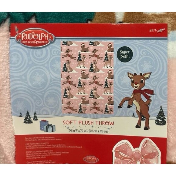NEW PINK Christmas Rudolph the Red-Nosed Reindeer Blanket - Picture 2 of 6